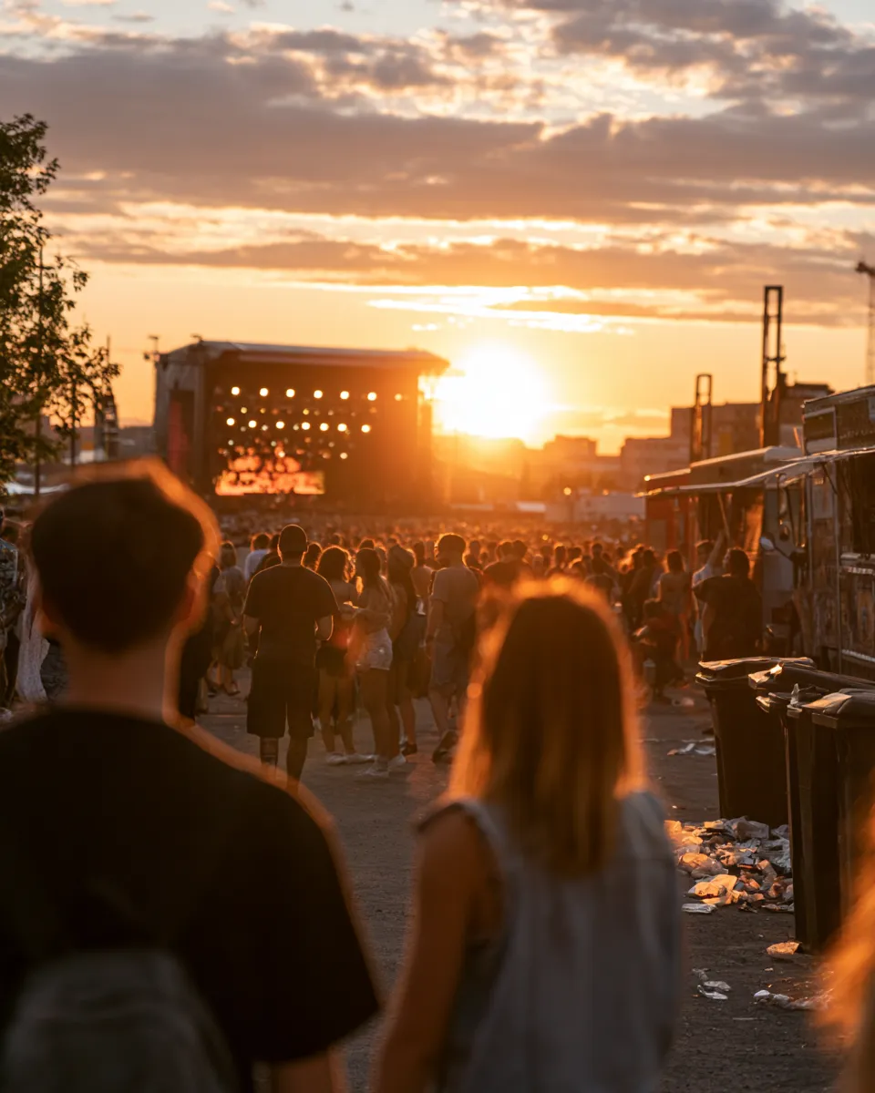 Foule à un festival au coucher du soleil, poubelles débordantes et déchets au sol au premier plan