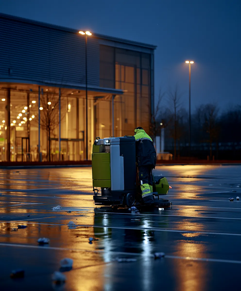 Opérateur Viia Pick nettoyant un parking de zone commerciale de nuit