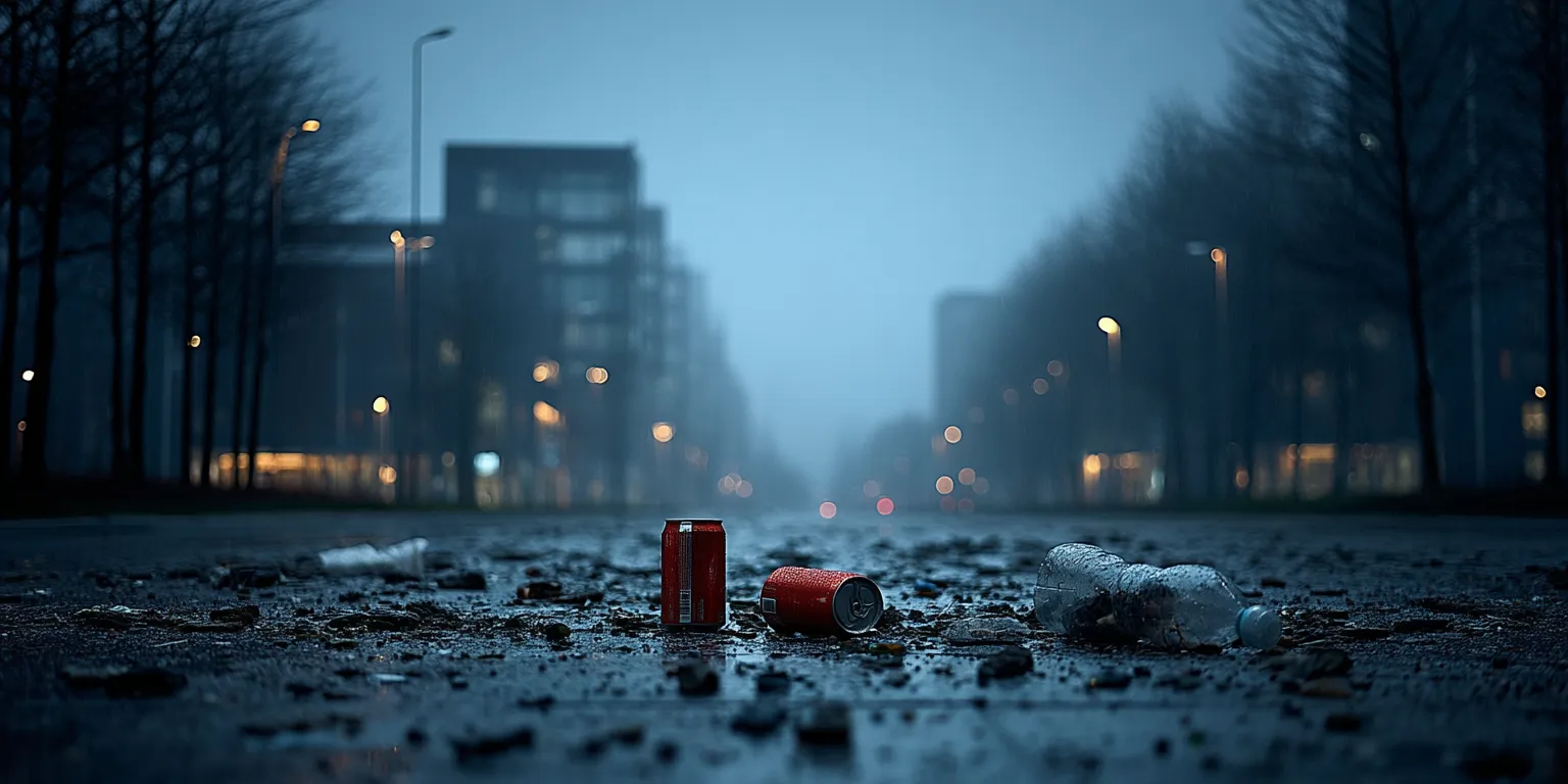 Canettes et bouteille plastique abandonnées sur une avenue urbaine au crépuscule