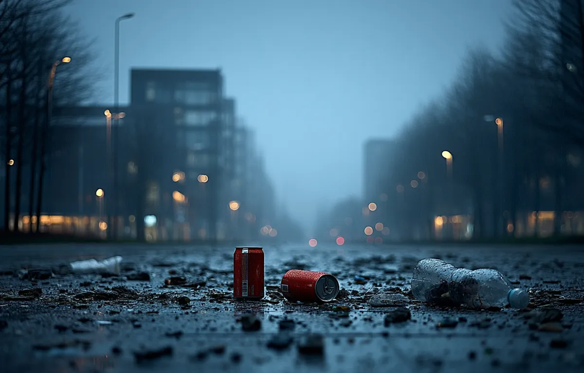 Canettes et bouteille plastique abandonnées sur une avenue urbaine au crépuscule