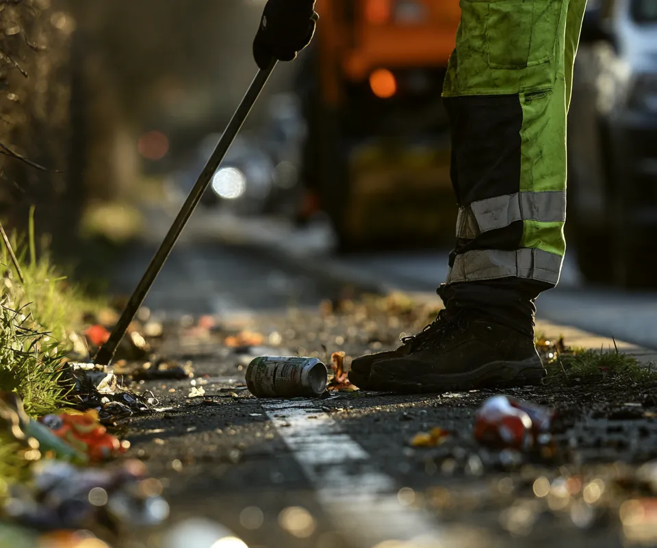 Opérateur nettoyant une bande étroite entre haie et piste cyclable