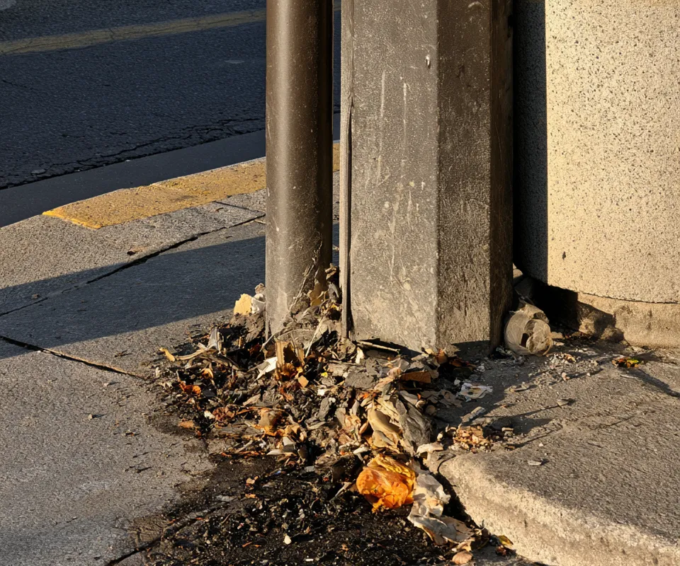 Pied de mobilier urbain avant nettoyage, déchets accumulés
