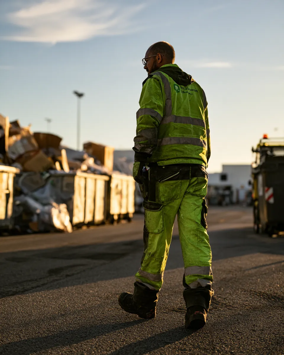 Abords et parking d'une zone d'activité avec déchets accumulés en bordure